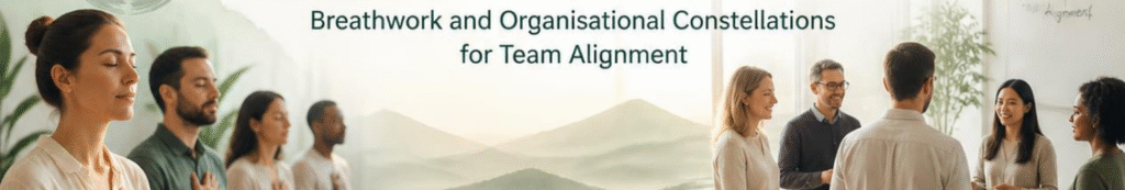 a group of corporate people stand in an organisational constellation on the right, on the left there are 4 people sitting doing breathwork at a corporate wellness day