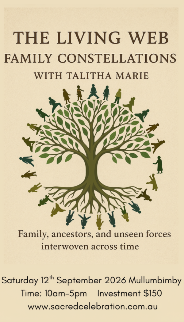 Earth coloured flier with tree of life in the centre, surround in a circle by diverse people.